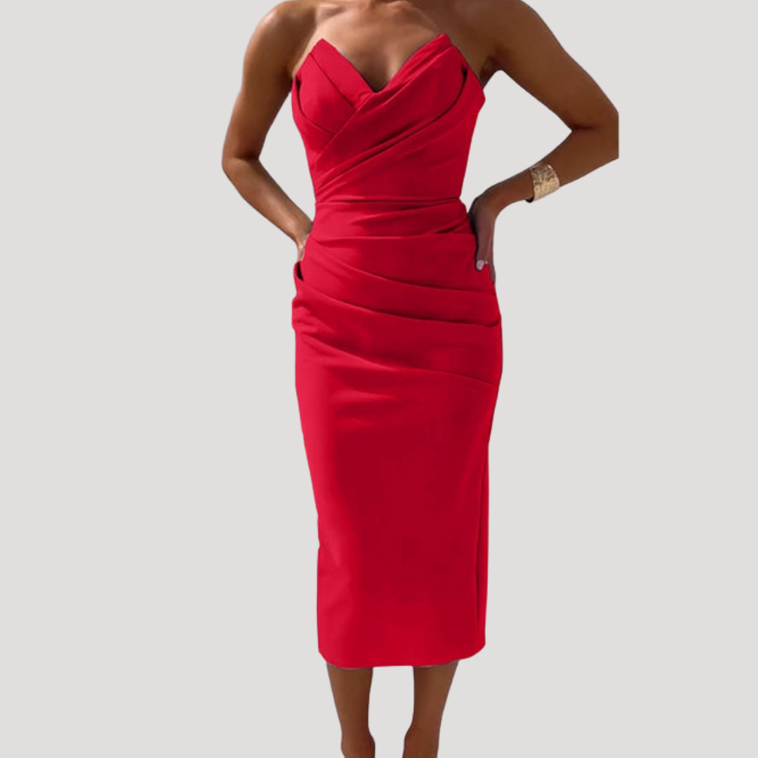 Celeste | Women's Strapless Ruched Bodycon Midi Dress - Light Blue - Image 4