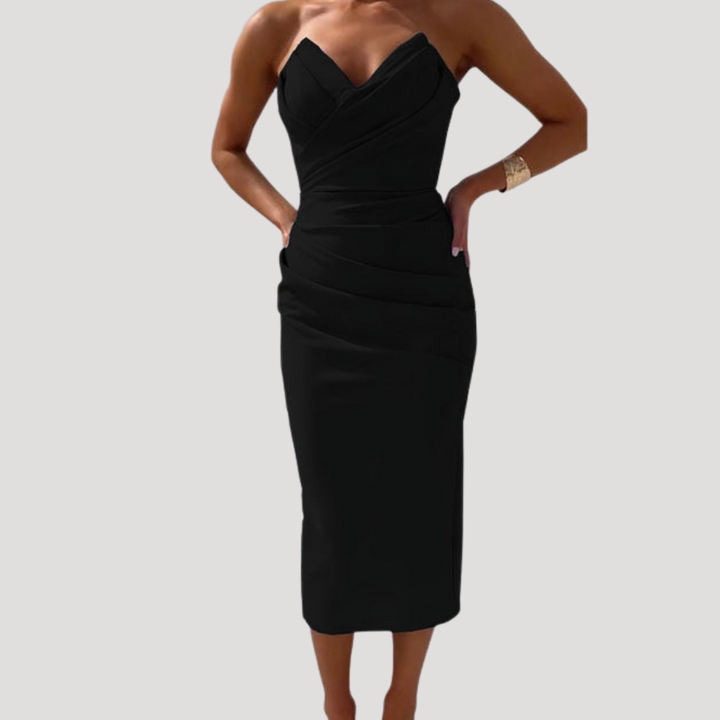 Celeste | Women's Strapless Ruched Bodycon Midi Dress - Light Blue - Image 6