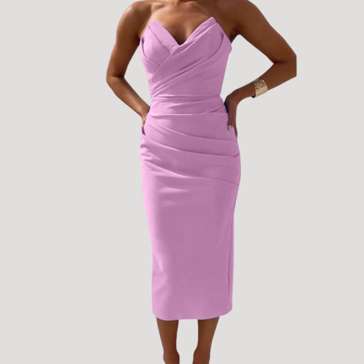 Celeste | Women's Strapless Ruched Bodycon Midi Dress - Light Blue - Image 7