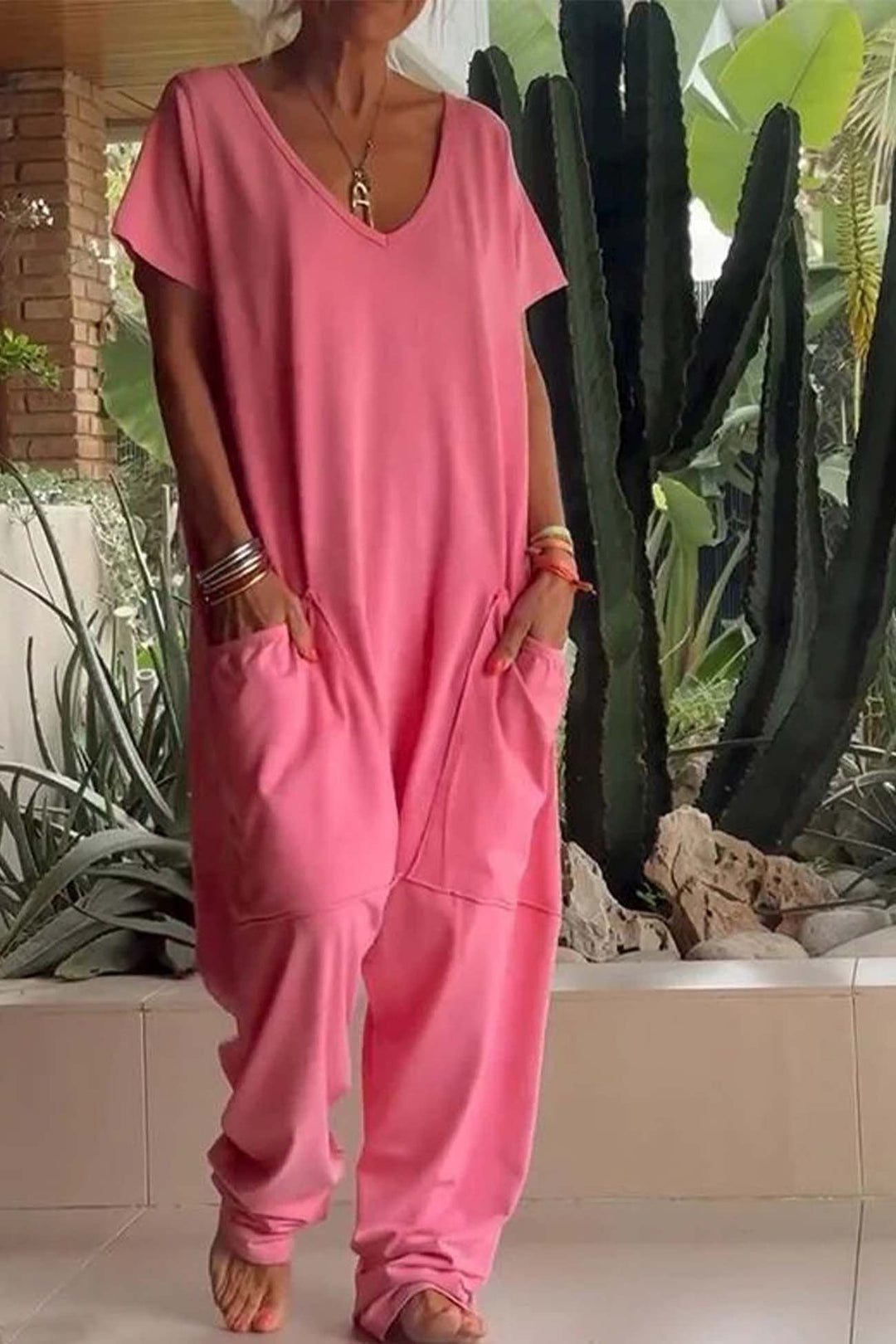 Celeste | Women's V-Neck Short Sleeve Wide Leg Jumpsuit - Pink - Image 1