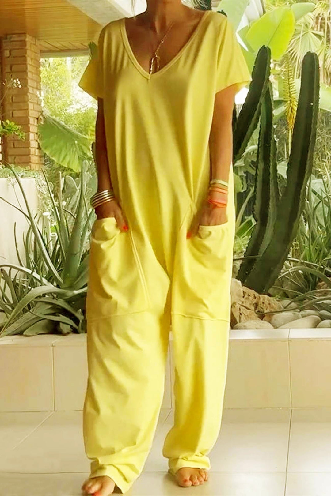 Celeste | Women's V-Neck Short Sleeve Wide Leg Jumpsuit - Pink - Image 3