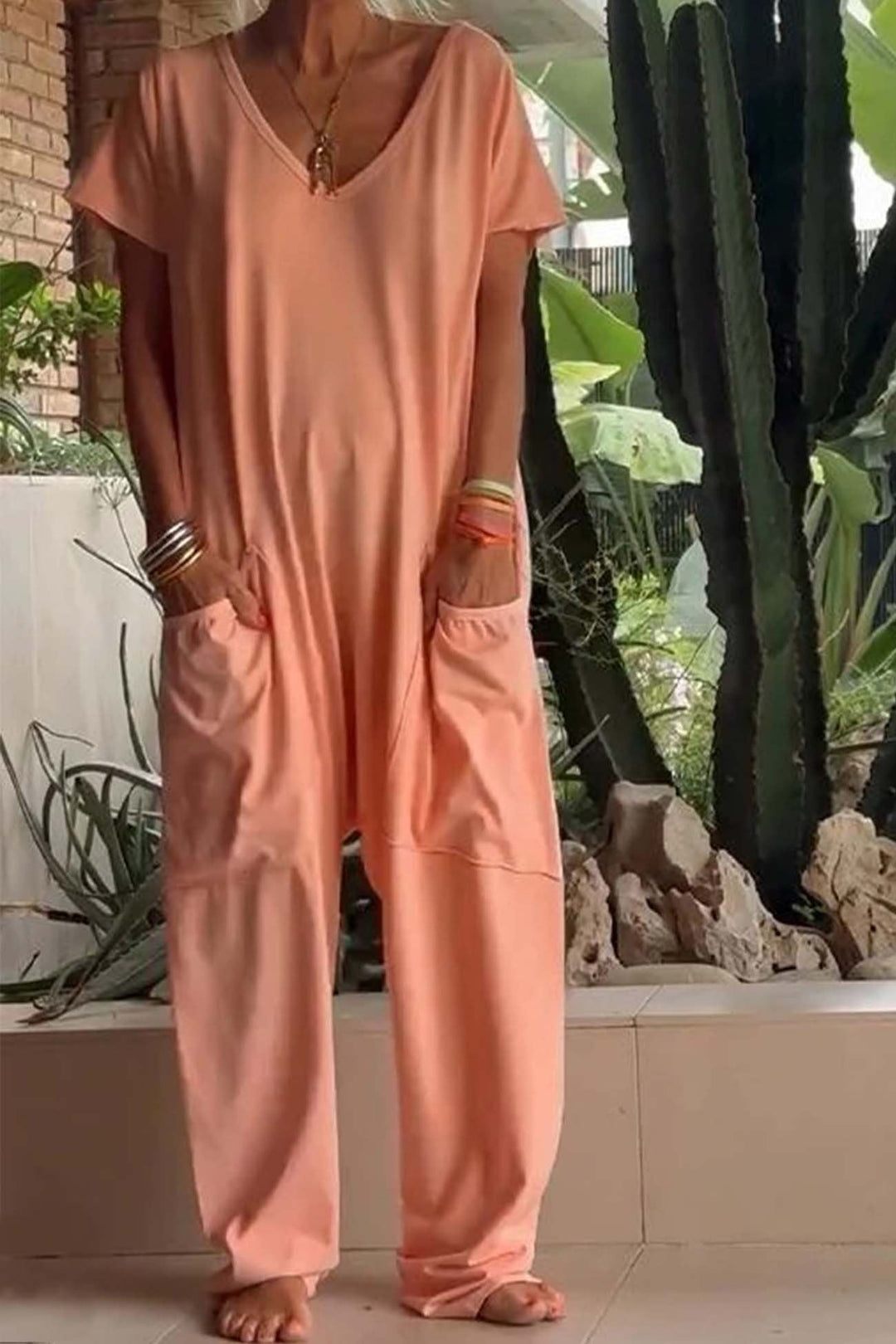 Celeste | Women's V-Neck Short Sleeve Wide Leg Jumpsuit - Pink - Image 4