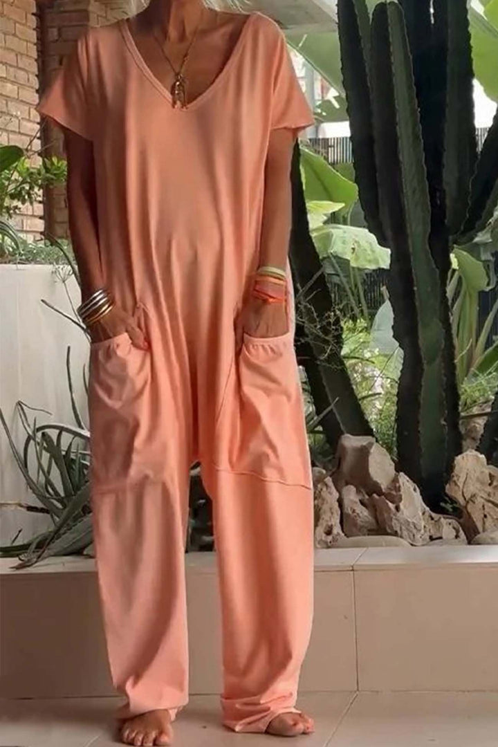 Celeste | Women's V-Neck Short Sleeve Wide Leg Jumpsuit - Pink - Image 4