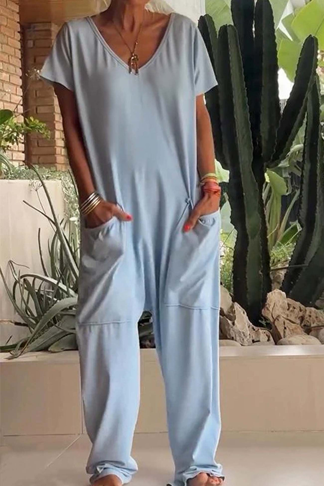 Celeste | Women's V-Neck Short Sleeve Wide Leg Jumpsuit - Pink - Image 5