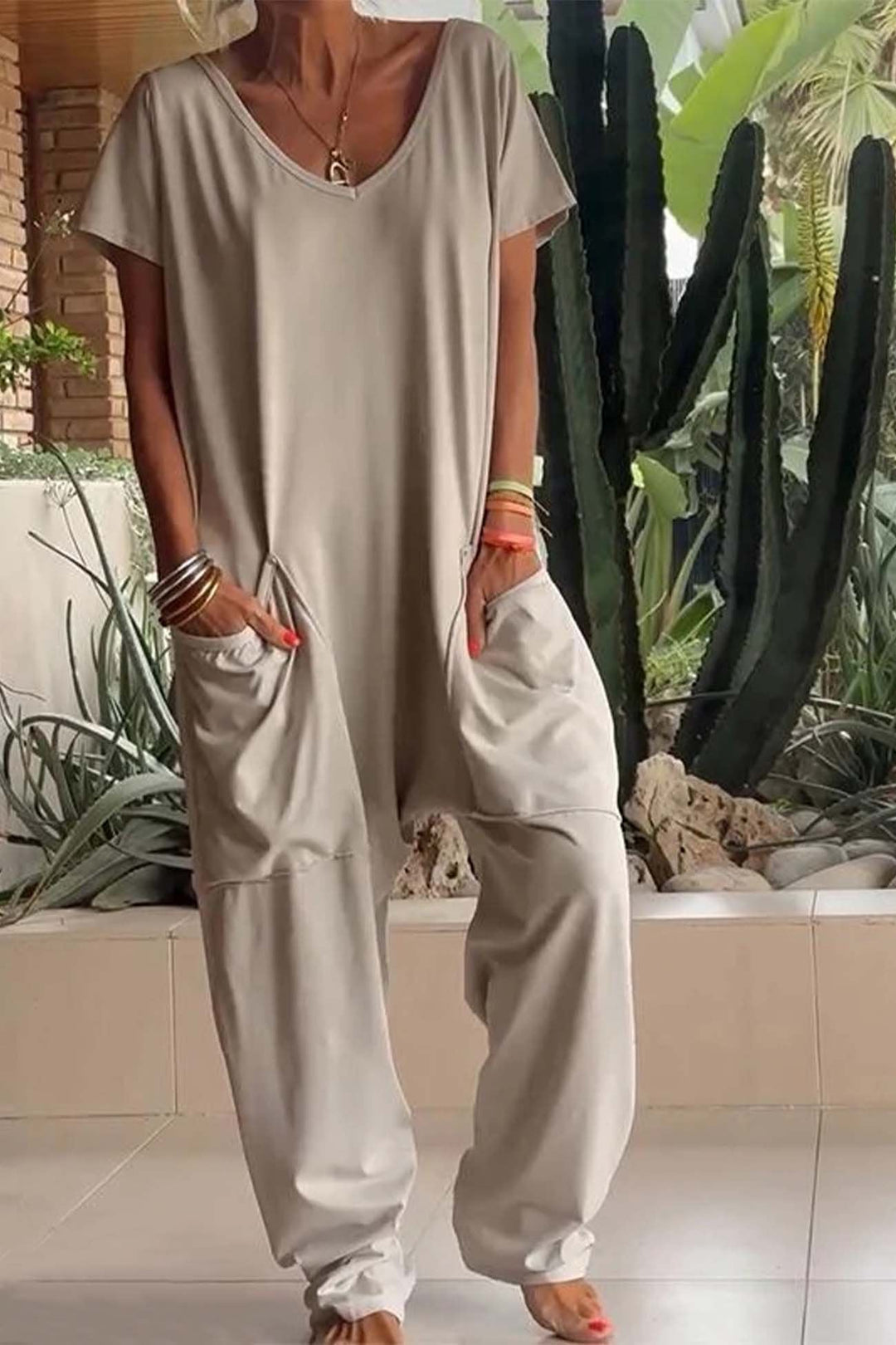Celeste | Women's V-Neck Short Sleeve Wide Leg Jumpsuit - Pink - Image 6