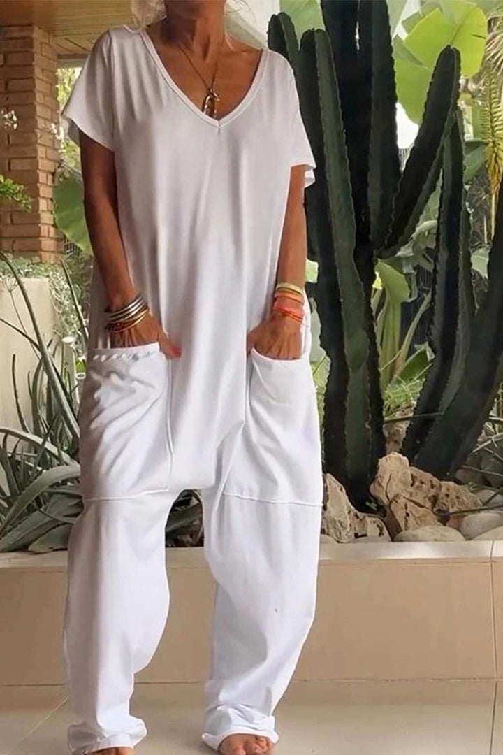Celeste | Women's V-Neck Short Sleeve Wide Leg Jumpsuit - Pink - Image 7