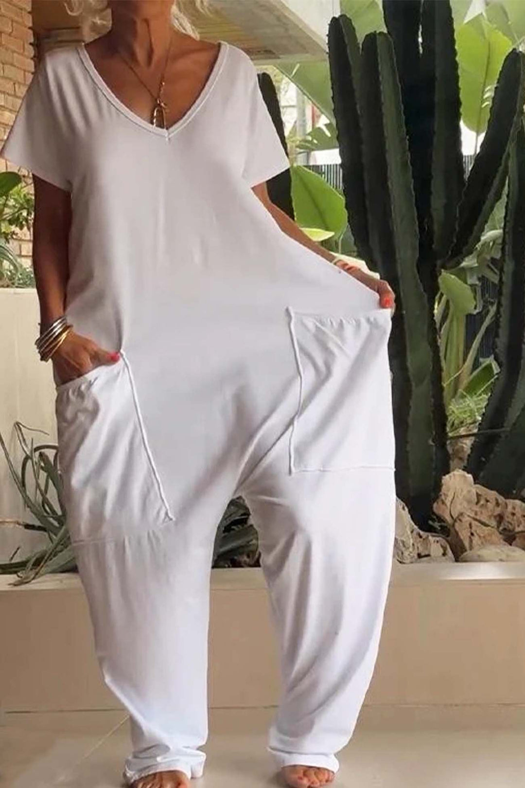 Celeste | Women's V-Neck Short Sleeve Wide Leg Jumpsuit - Pink - Image 8