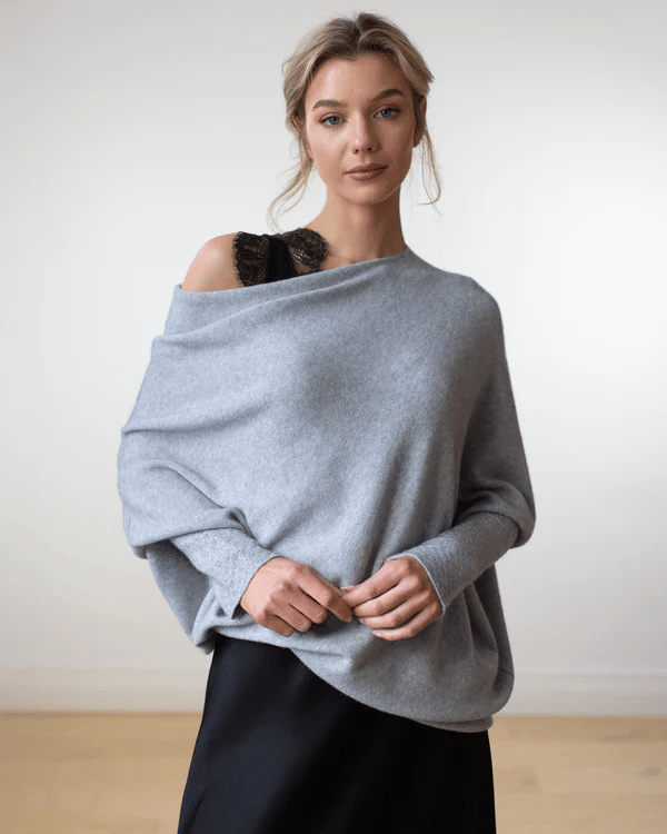 Celestina | Women's Off Shoulder Long Sleeve Sweater - Light Grey - Image 1