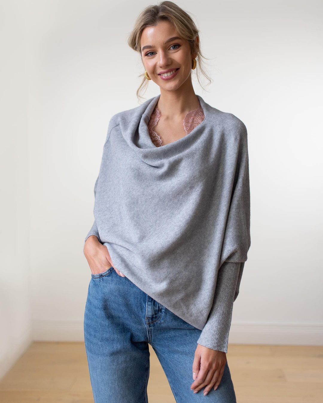Celestina | Women's Off Shoulder Long Sleeve Sweater - Light Grey - Image 2