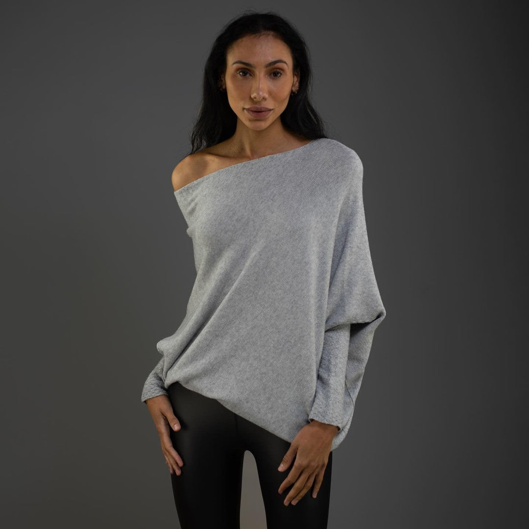 Celestina | Women's Off Shoulder Long Sleeve Sweater - Light Grey - Image 3