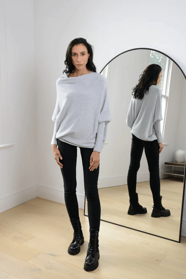 Celestina | Women's Off Shoulder Long Sleeve Sweater - Light Grey - Image 7