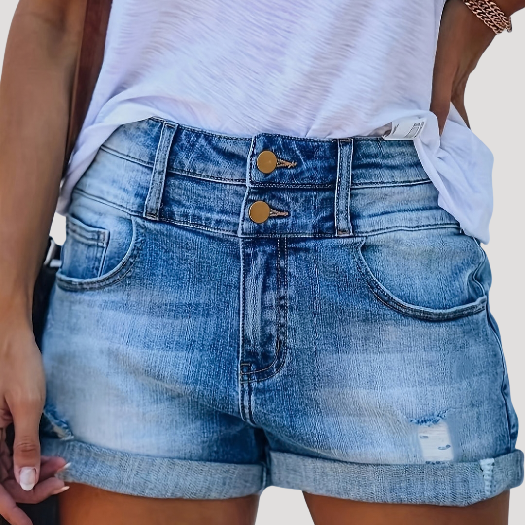 Celia | Women's High Waisted Button Front Shorts - Blue - Image 3