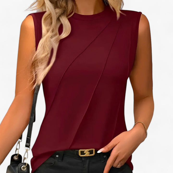 Celina | Women's Crew Neck Pleated Sleeveless Blouse - Black - Image 6
