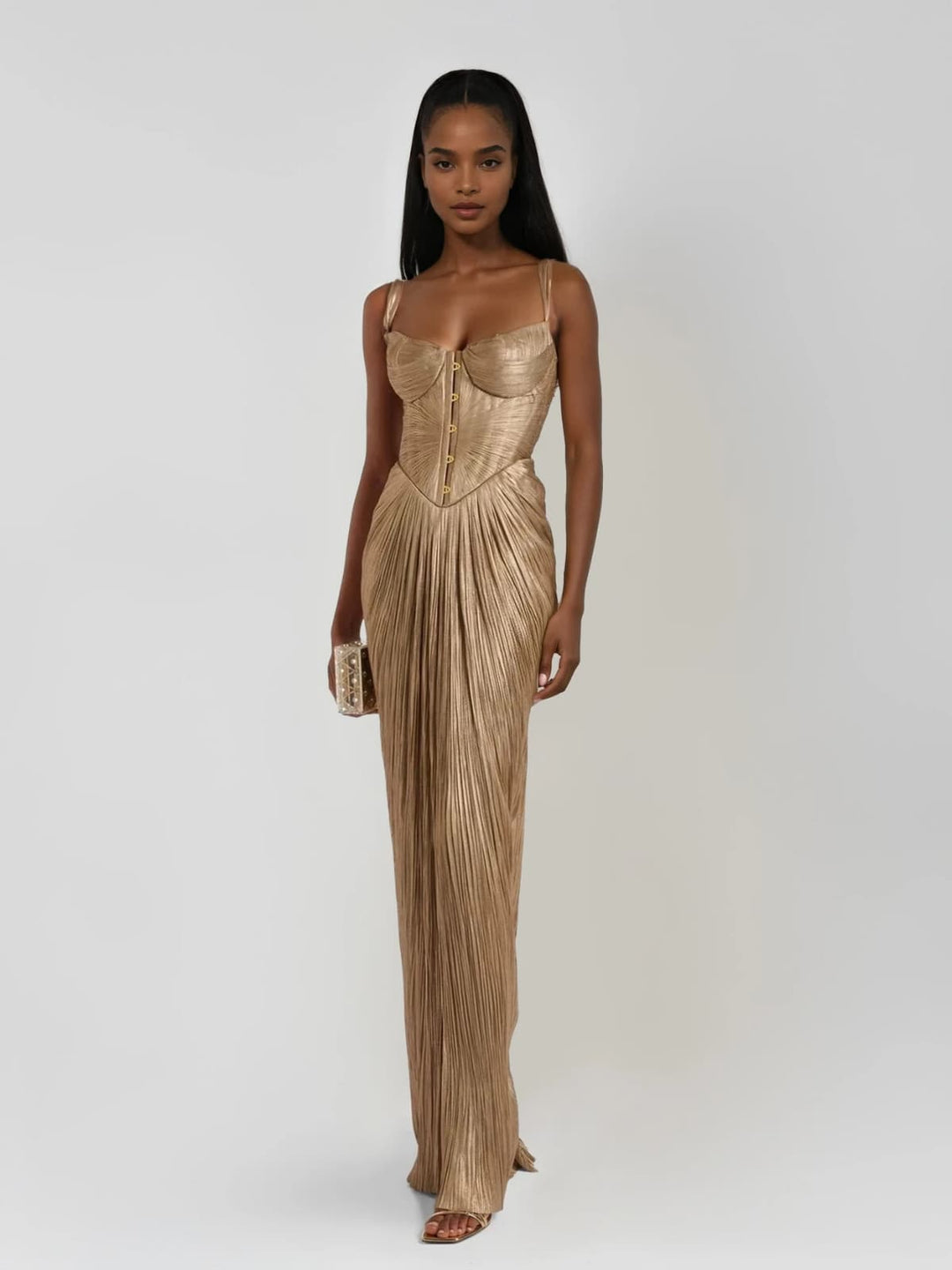 Cerys | Women's Corset Maxi Dress Wedding Guest Formal - Gold - Image 1
