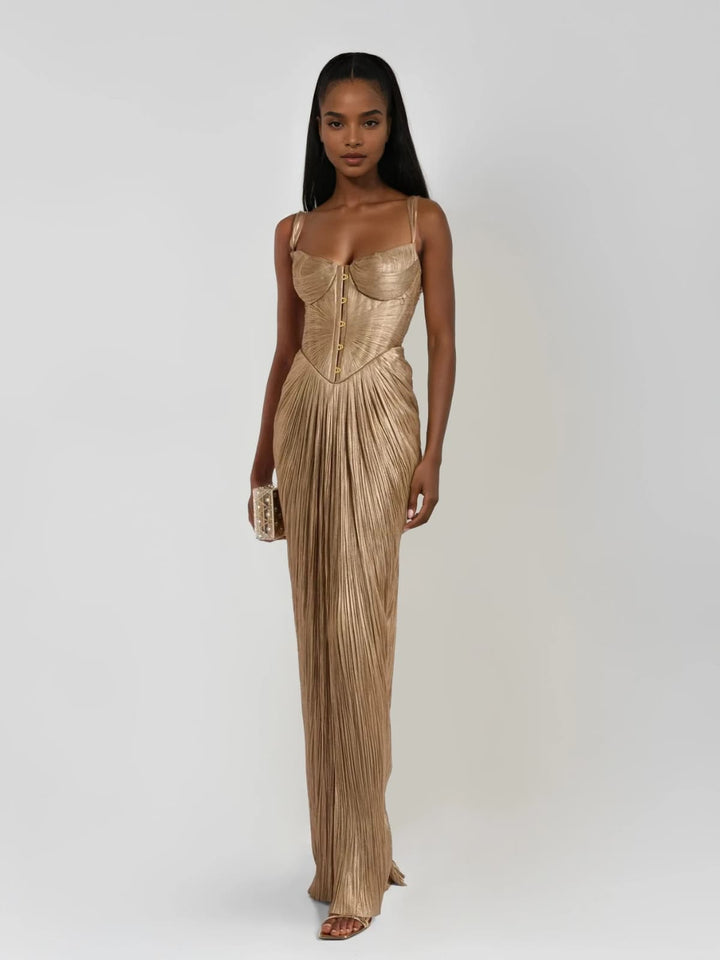 Cerys | Women's Corset Maxi Dress Wedding Guest Formal - Gold - Image 1