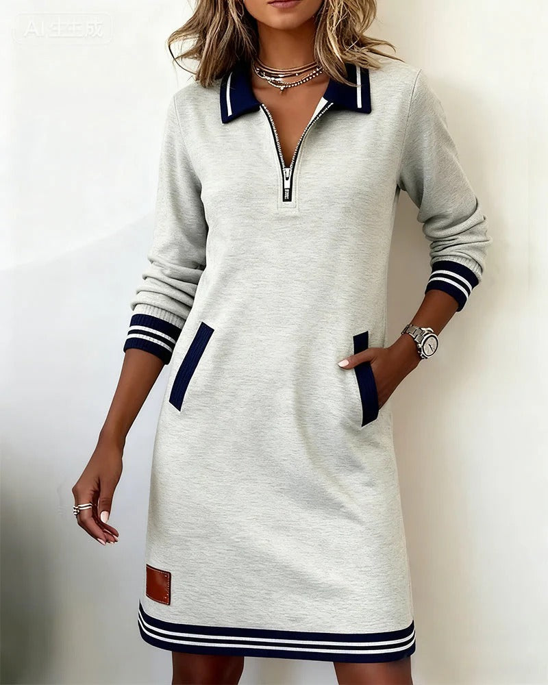 Chloe | Women's Zip Front Collared Midi Dress - Navy - Image 16