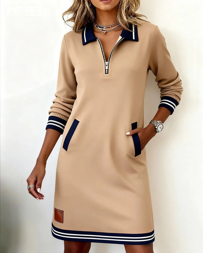 Chloe | Women's Zip Front Collared Midi Dress - Navy - Image 5