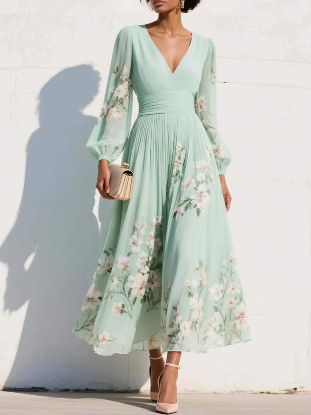 Clementina | Women's Floral V-Neck Midi Dress - Green - Image 1
