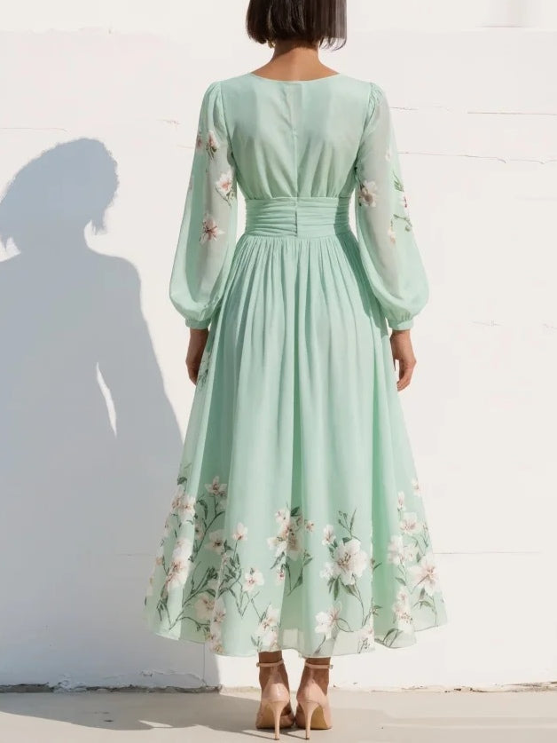 Clementina | Women's Floral V-Neck Midi Dress - Green - Image 2