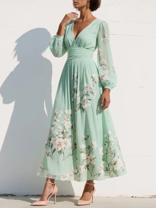 Clementina | Women's Floral V-Neck Midi Dress - Green - Image 3