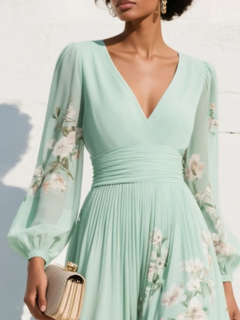 Clementina | Women's Floral V-Neck Midi Dress - Green - Image 4