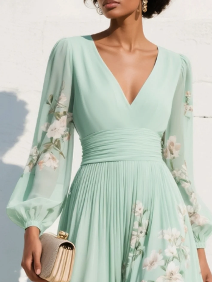 Clementina | Women's Floral V-Neck Midi Dress - Green - Image 4