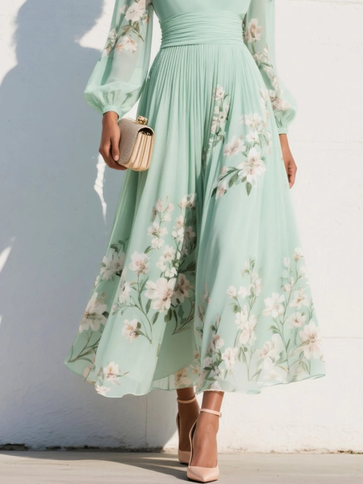 Clementina | Women's Floral V-Neck Midi Dress - Green - Image 5