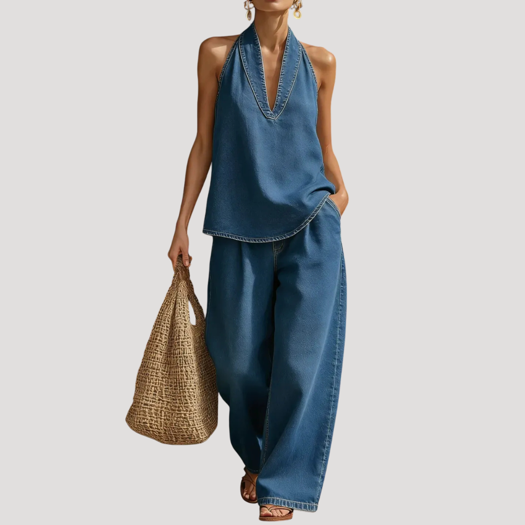 Clementine | Women's Halter Neck Two Piece Set - Blue - Image 1
