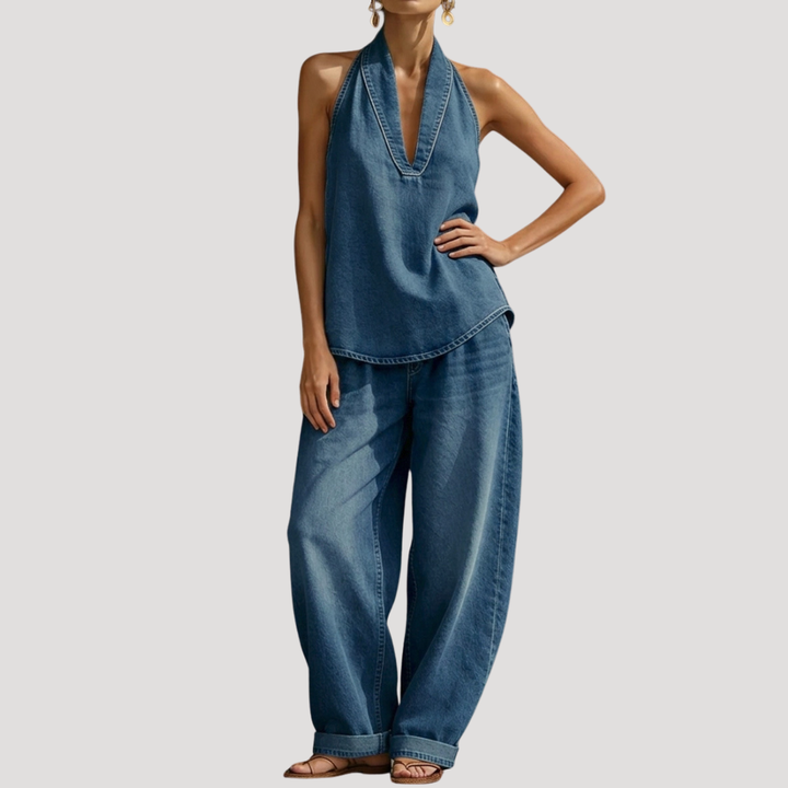 Clementine | Women's Halter Neck Two Piece Set - Blue - Image 2