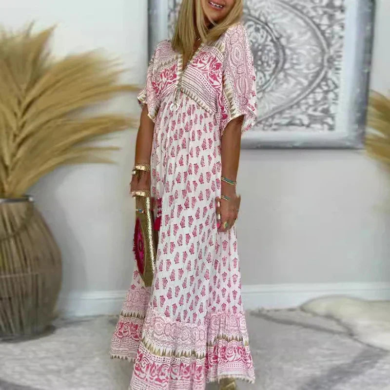 Clementine | Women's Printed Short Sleeve Maxi Dress - Pink - Image 1