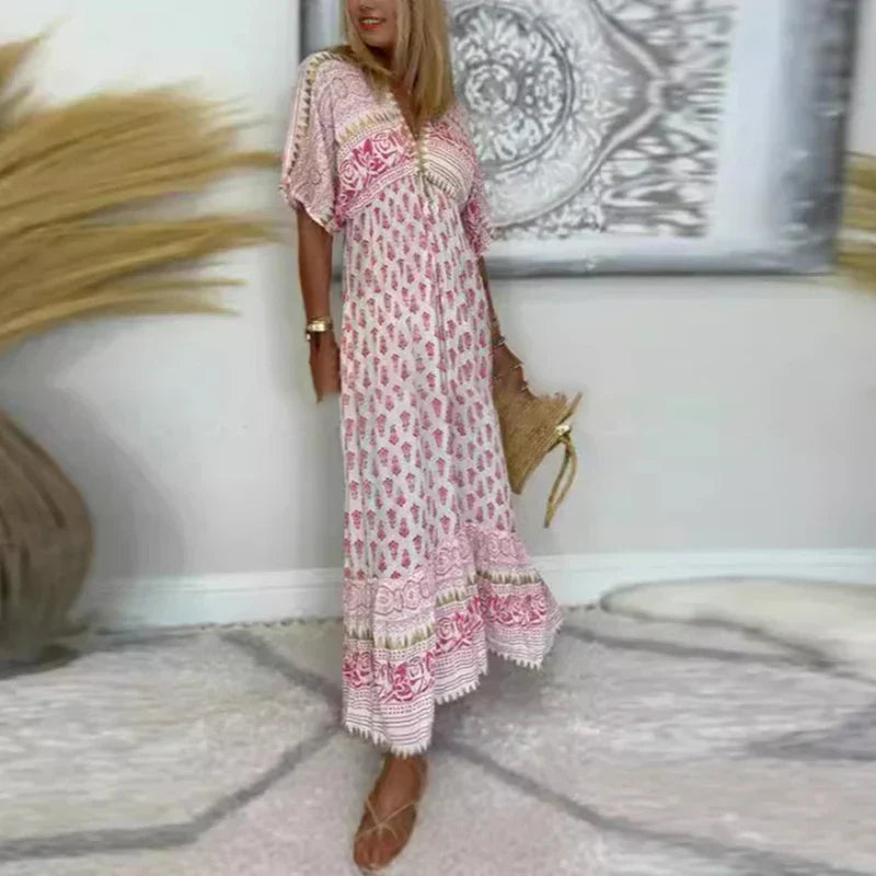 Clementine | Women's Printed Short Sleeve Maxi Dress - Pink - Image 2