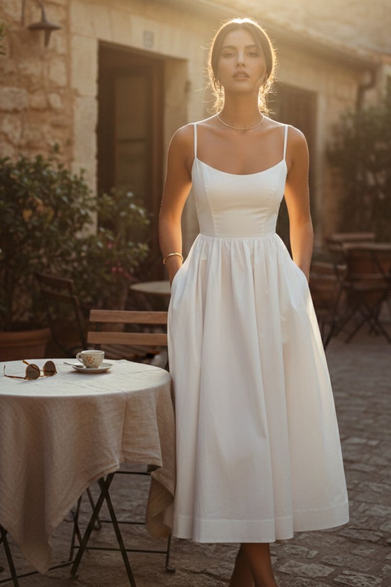 Cleo | Women's Scoop Neck Fit and Flare Midi Dress - White - Image 1