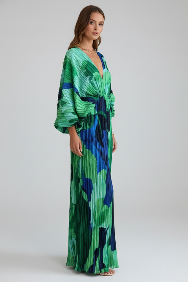 Cordelia

Wait, | Women's V-Neck Long Sleeve Pleated Maxi Dress - Green - Image 3