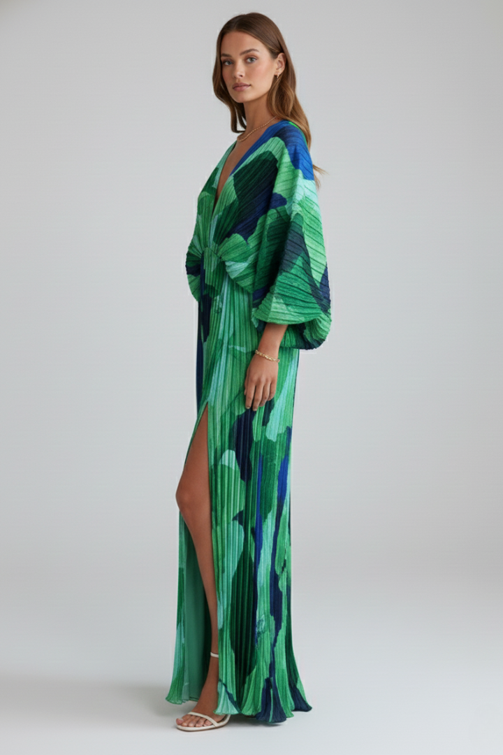 Cordelia

Wait, | Women's V-Neck Long Sleeve Pleated Maxi Dress - Green - Image 4