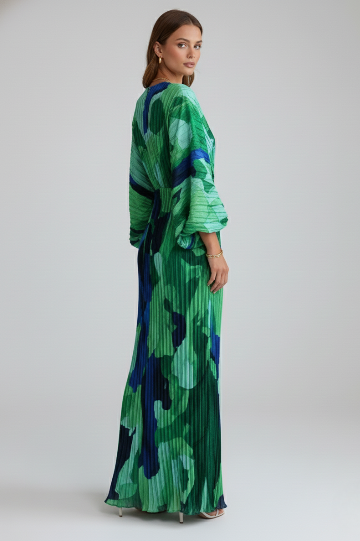 Cordelia

Wait, | Women's V-Neck Long Sleeve Pleated Maxi Dress - Green - Image 5