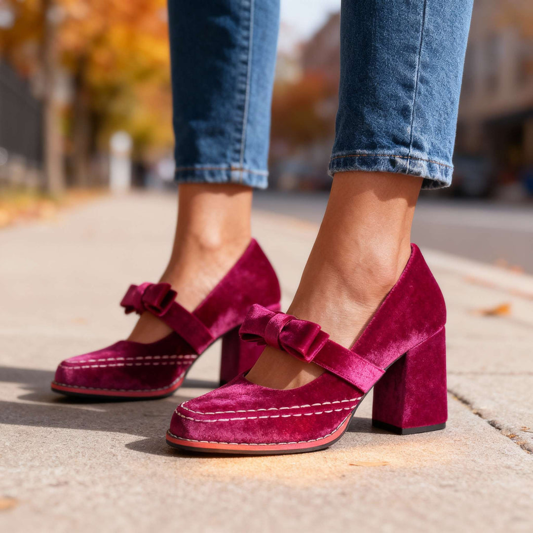 Corinna | Women's Mary Jane Block Heel Bow Pump - Burgundy - Image 1