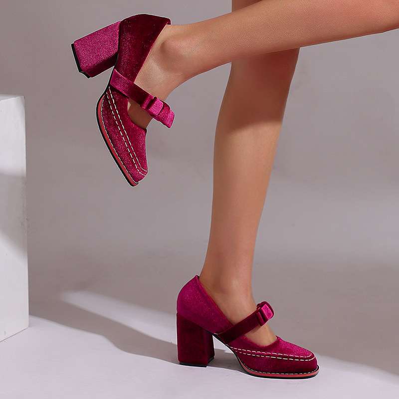 Corinna | Women's Mary Jane Block Heel Bow Pump - Burgundy - Image 10