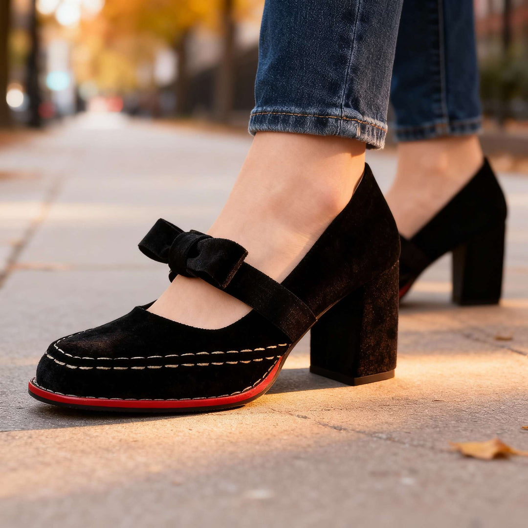 Corinna | Women's Mary Jane Block Heel Bow Pump - Burgundy - Image 3