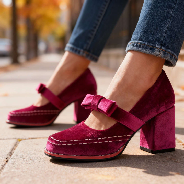 Corinna | Women's Mary Jane Block Heel Bow Pump - Burgundy - Image 4
