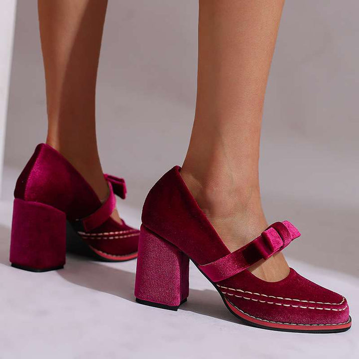 Corinna | Women's Mary Jane Block Heel Bow Pump - Burgundy - Image 7