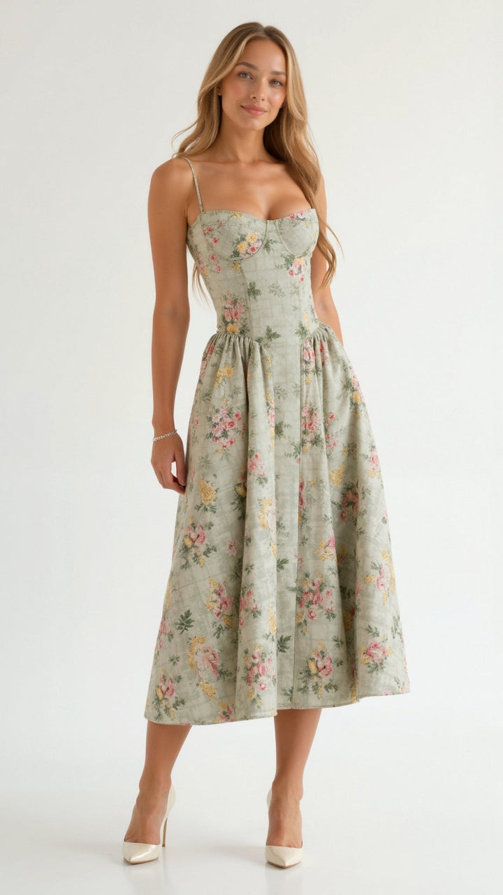Corinne | Women's Floral Sweetheart Corset Midi Dress - Floral - Image 1