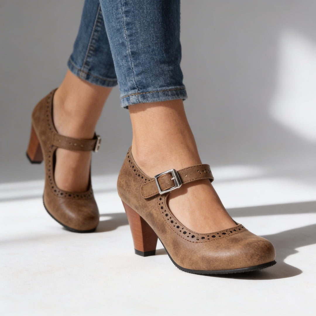 Corvin | Women's Mary Jane Block Heel Brogue Pump - Taupe - Image 6