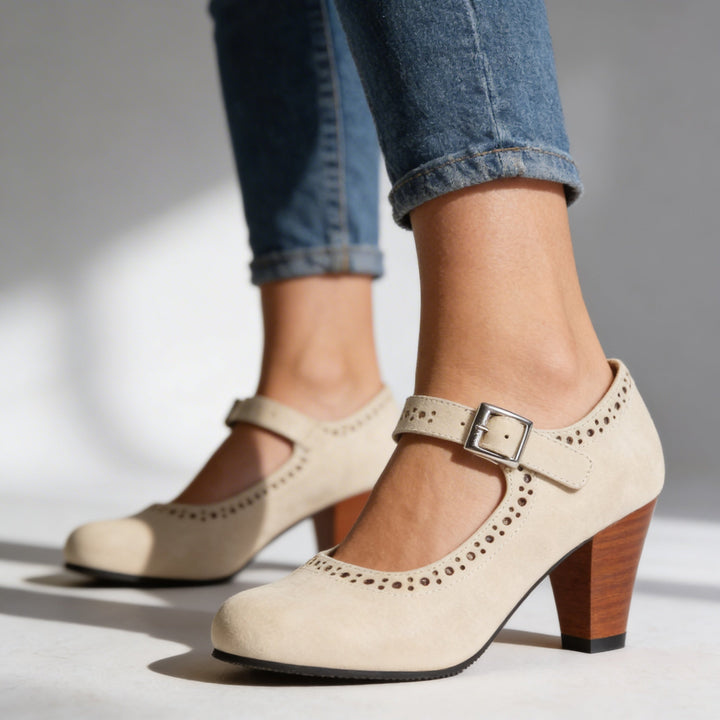 Corvin | Women's Mary Jane Block Heel Brogue Pump - Taupe - Image 8
