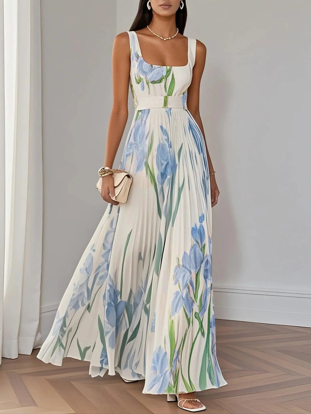Ellie™ | White Pleated Floral Maxi Dress