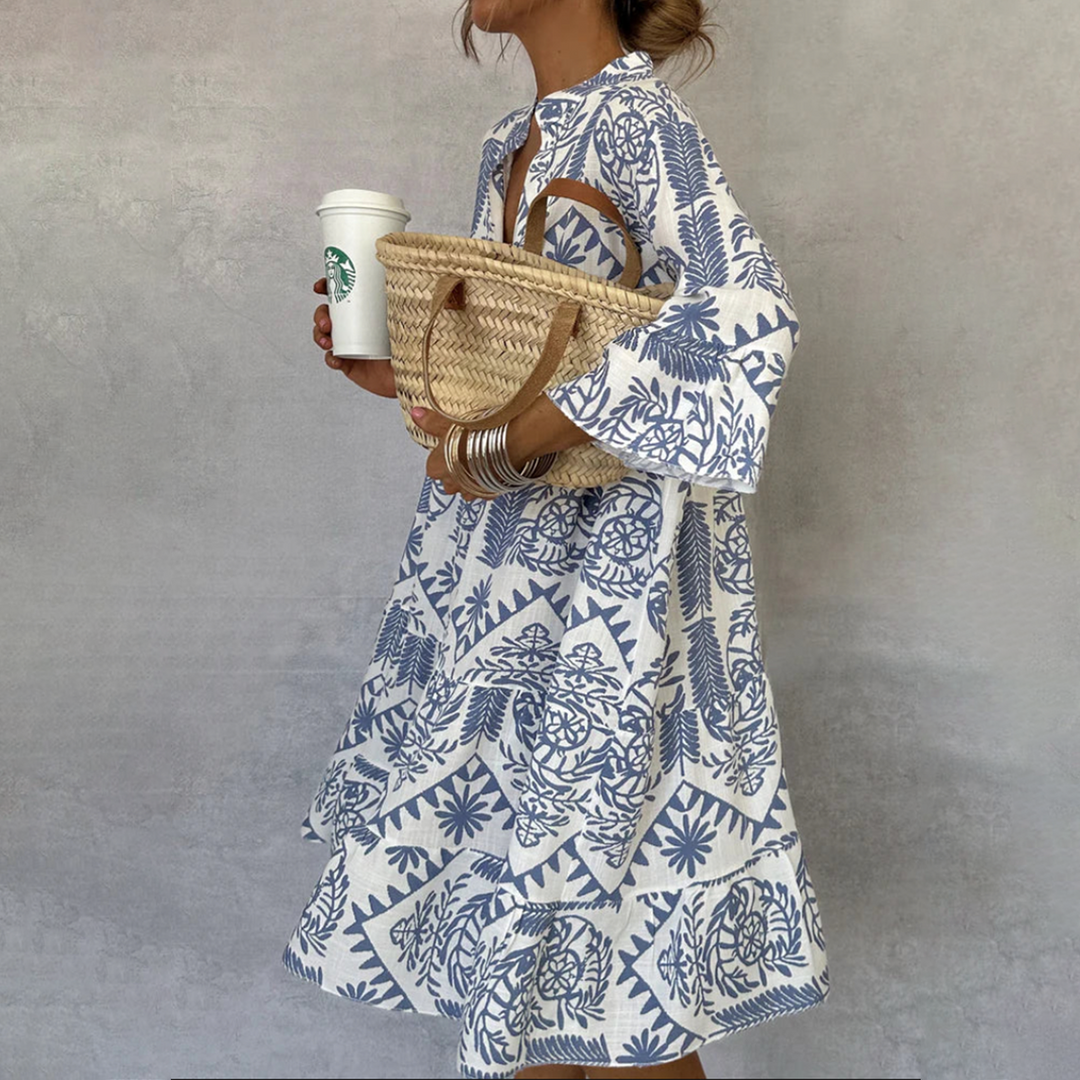 Dahlia | Women's Patterned Long Sleeve Mini Dress - Blue - Image 1