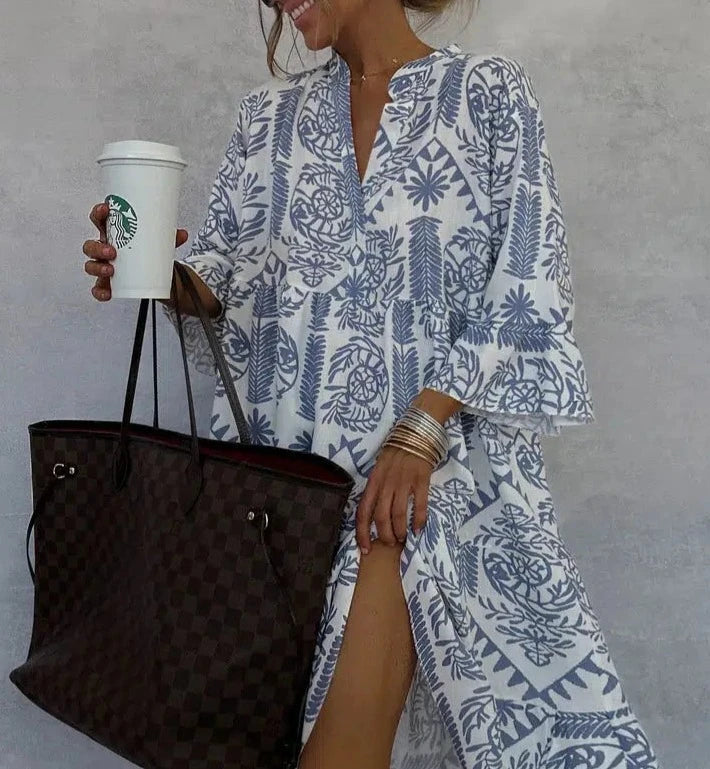 Dahlia | Women's Patterned Long Sleeve Mini Dress - Blue - Image 2