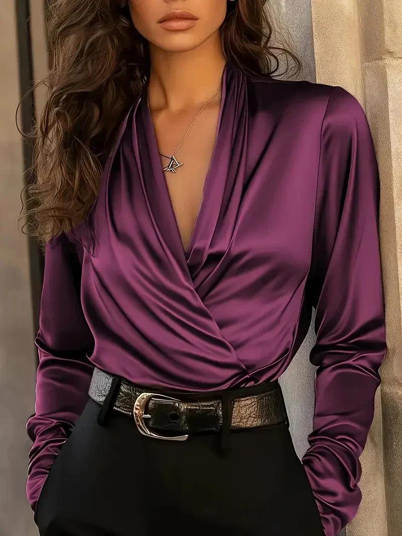 Dahlia | Women's Wrap Long Sleeve Blouse - Champagne - Image 3