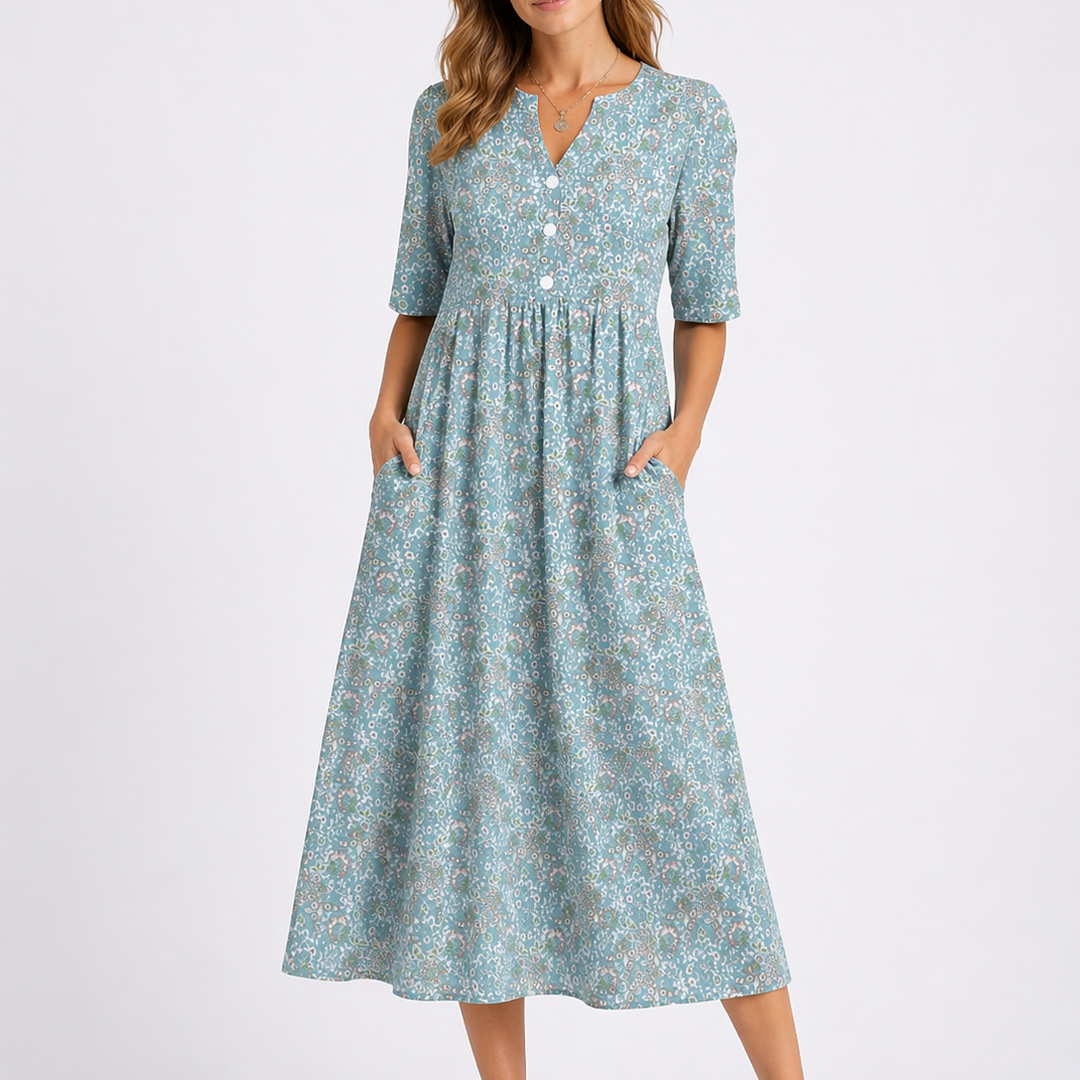 Daphne | Women's Floral V-Neck 3/4 Sleeve Midi Dress - Floral - Image 1
