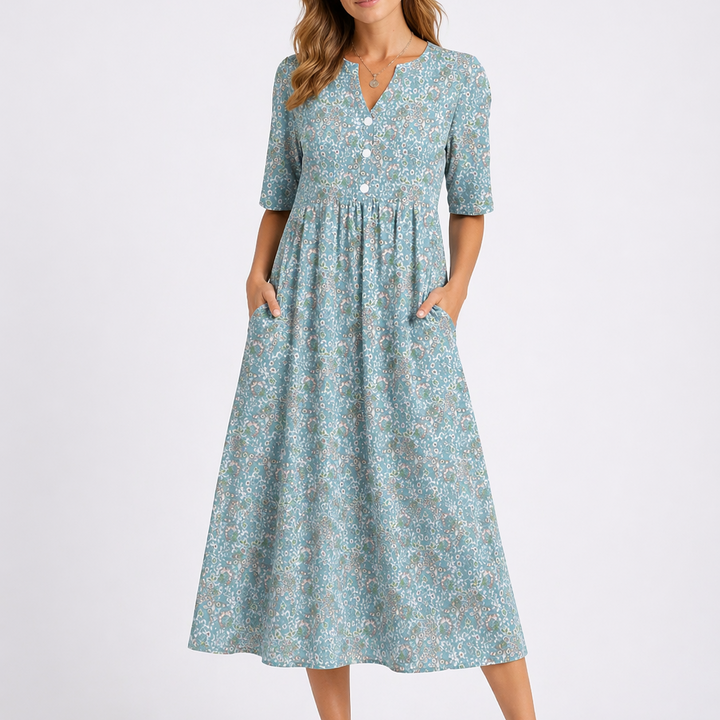 Daphne | Women's Floral V-Neck 3/4 Sleeve Midi Dress - Floral - Image 1