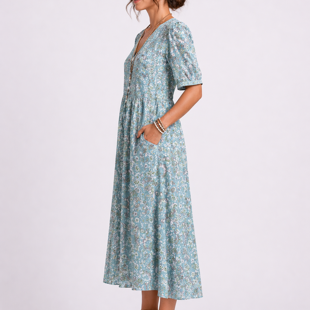 Daphne | Women's Floral V-Neck 3/4 Sleeve Midi Dress - Floral - Image 2